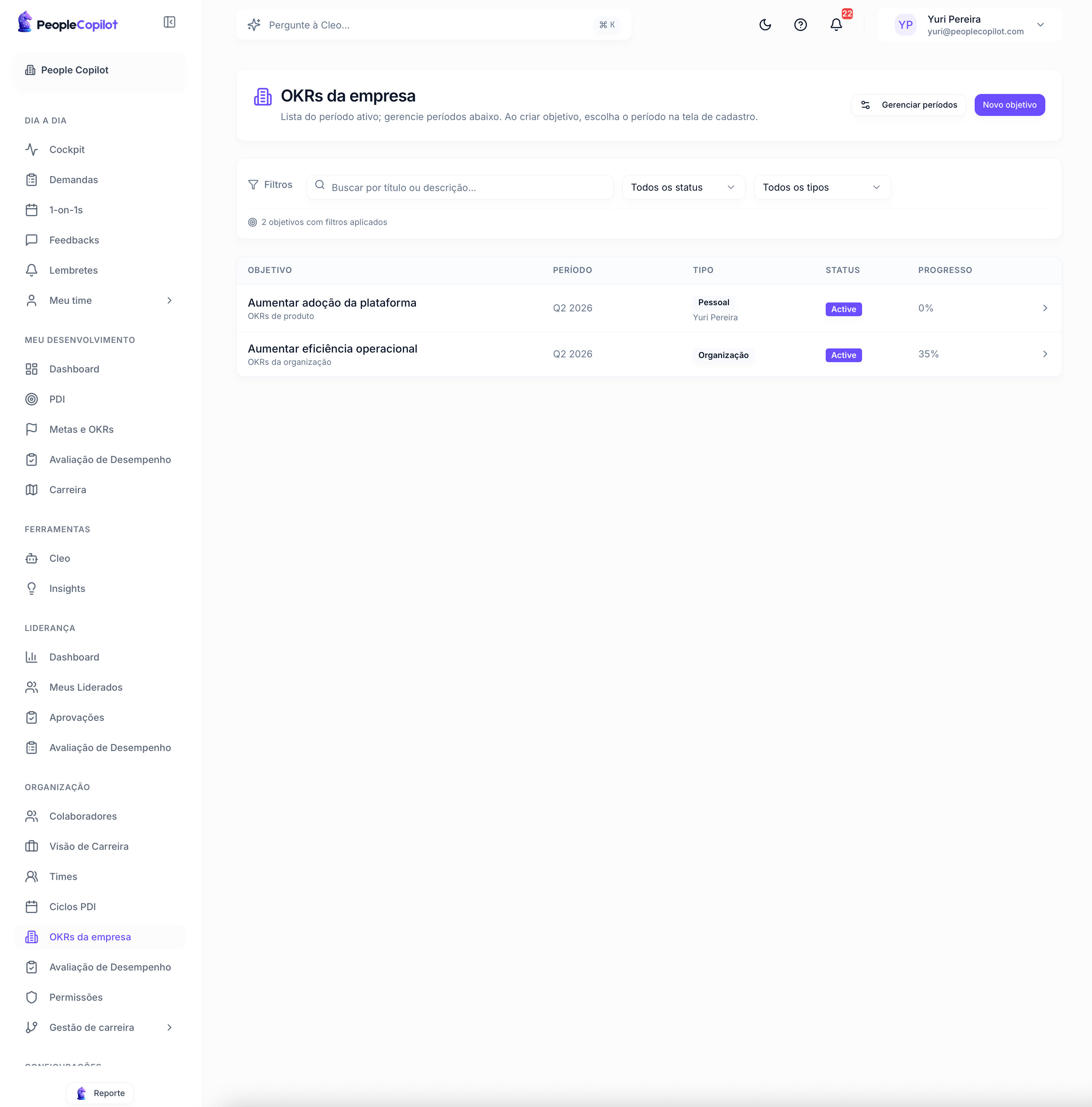 Interface Metas e OKRs — preview — 1 de 3